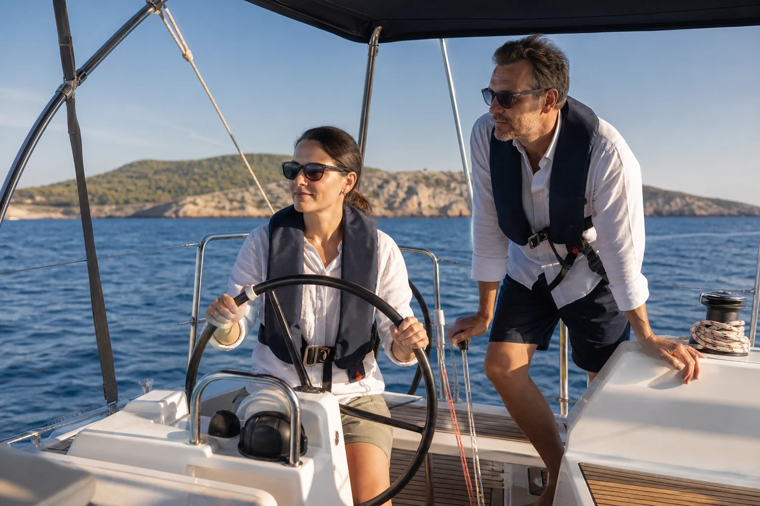 Gast am Steuer einer Segelyacht unter Aufsicht eines Skippers