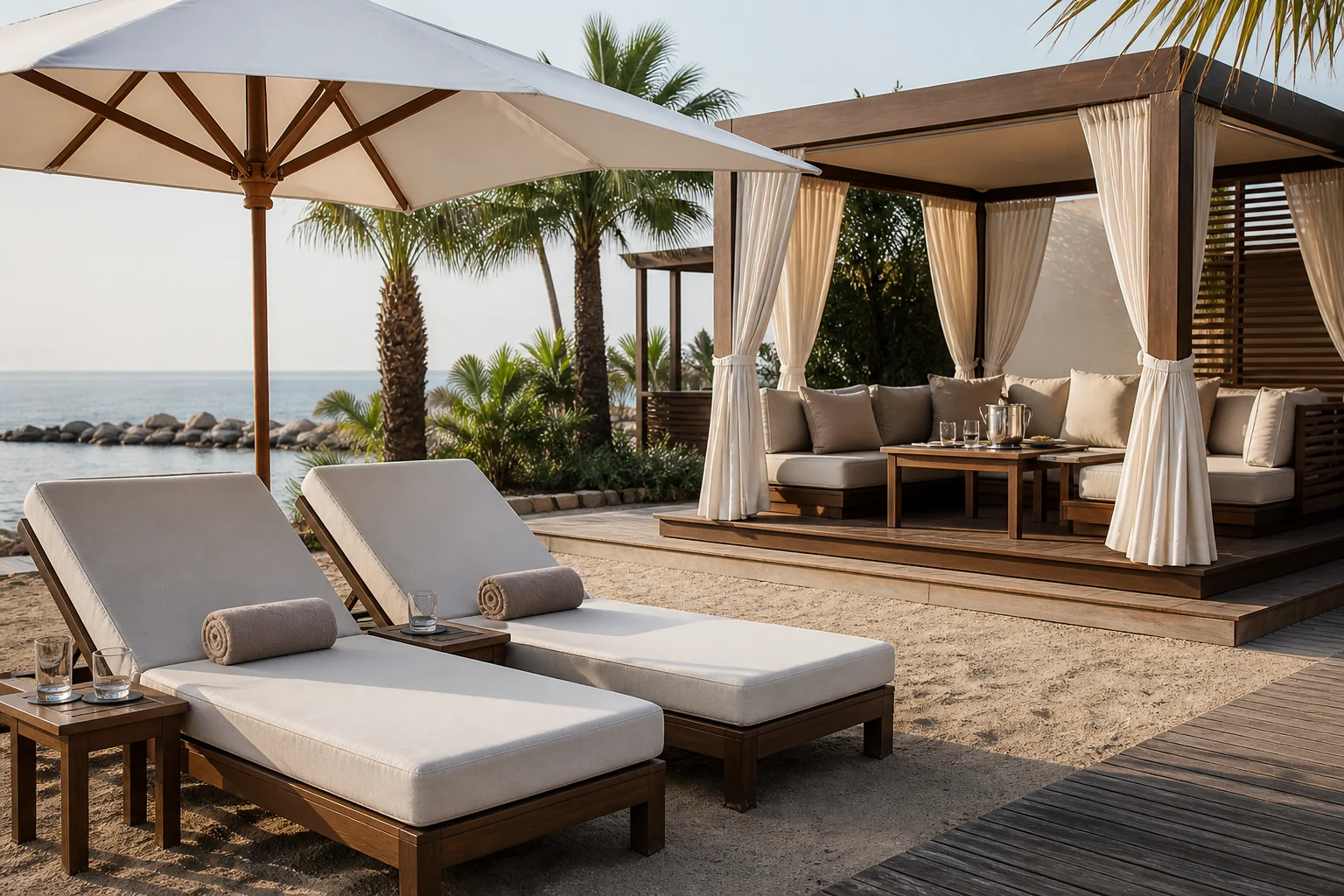 Transats préparés à côté d’une cabana spacieuse de beach club