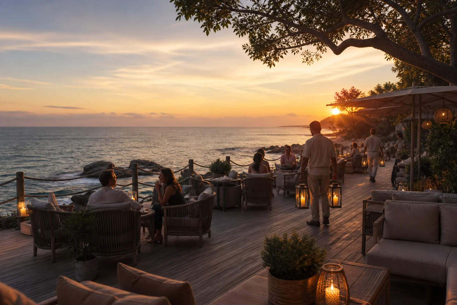 Terrasse de beach club passant de l’après-midi au coucher du soleil