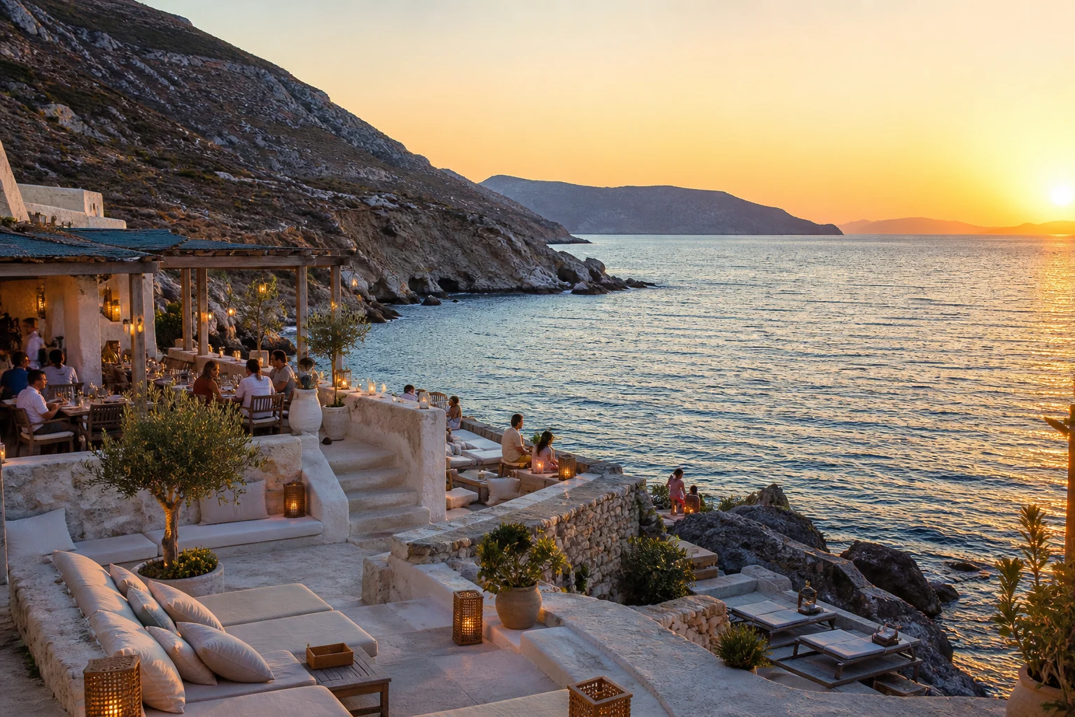 Aegean beach club transitioning toward sunset