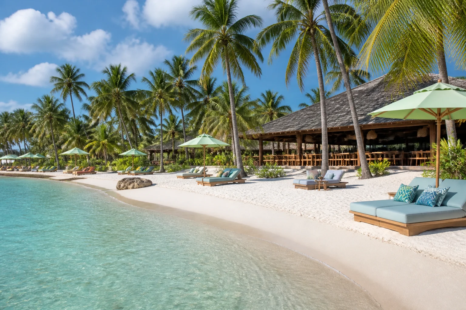 Caribbean beach club on white sand beside turquoise water