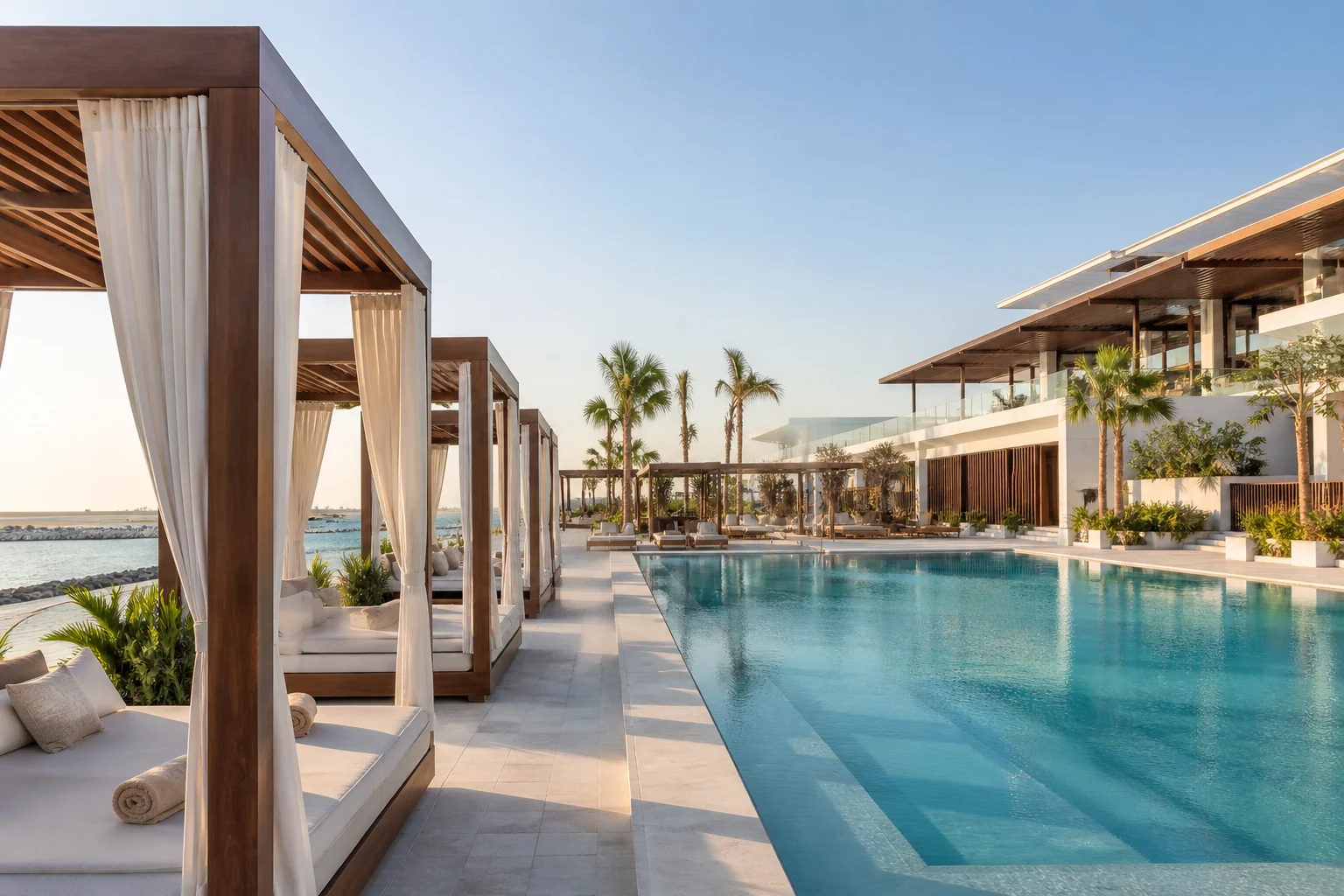 Geometric pool and private cabanas at a modern beach club