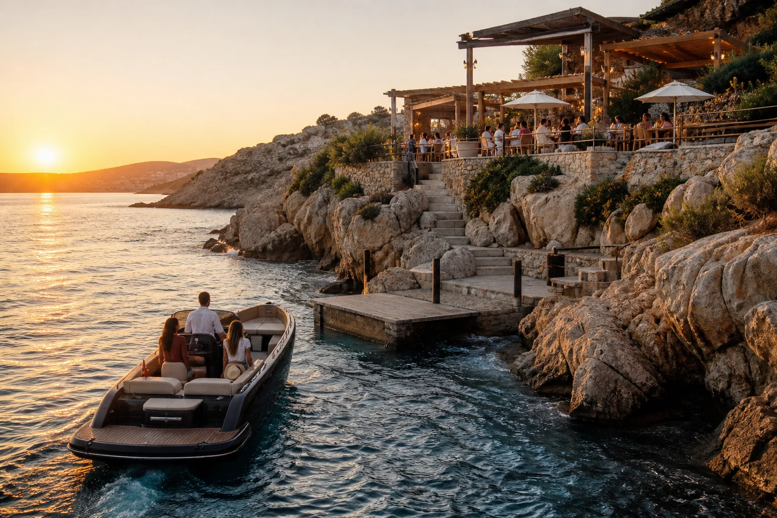 Boat arrival at a Mediterranean coastal terrace at sunset