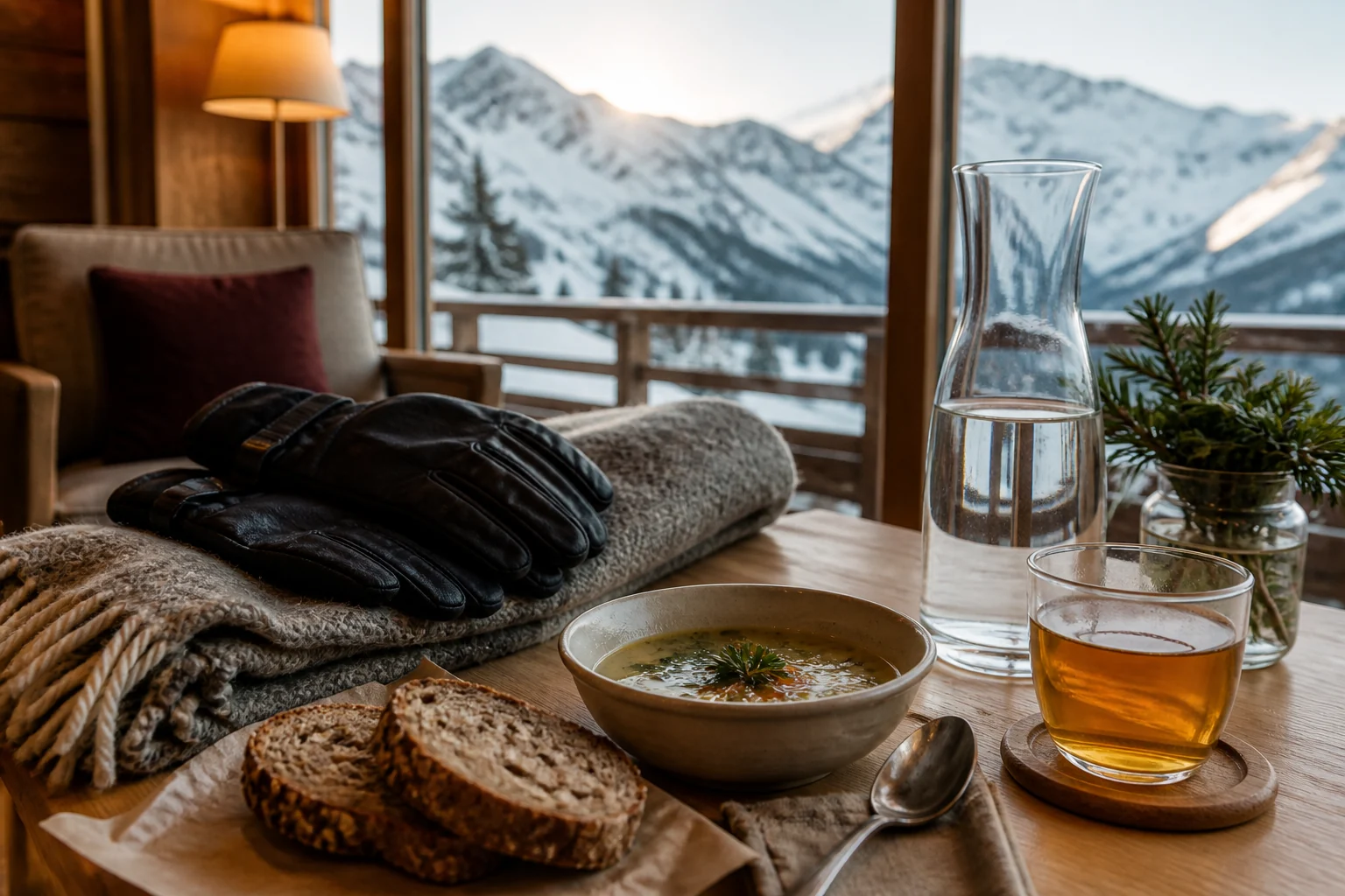 Wasser, Tee und leichte Suppe zum Aufwärmen nach dem Skitag
