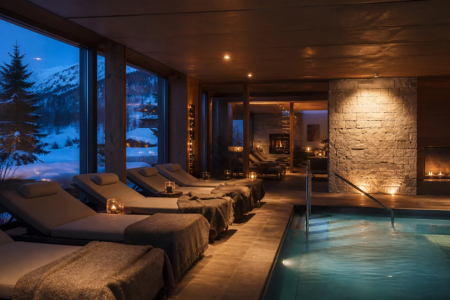 Warmes Spa-Becken und ruhige Liegen mit Blick auf den Schnee