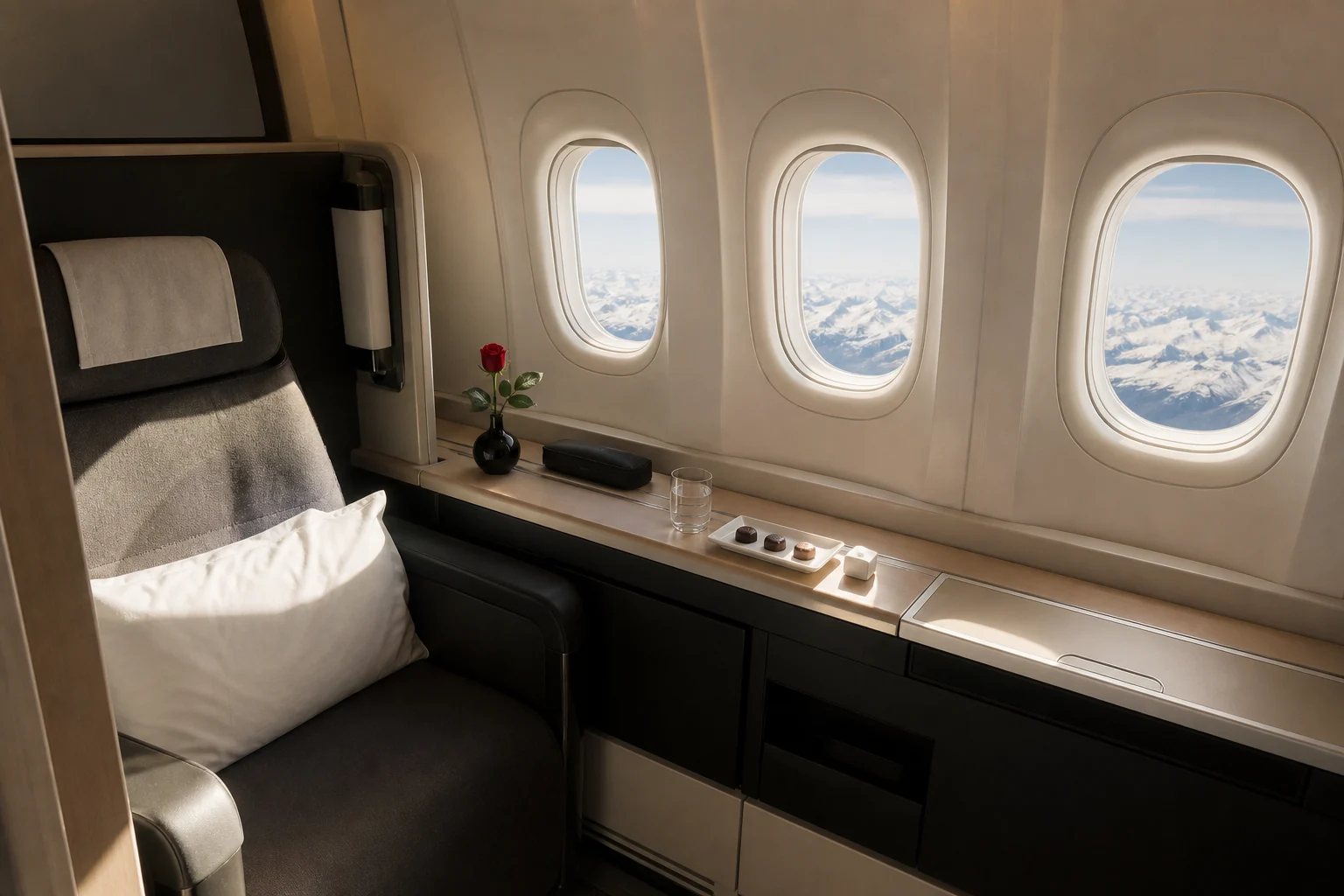 SWISS First Class cabin aboard a Boeing 777-300ER