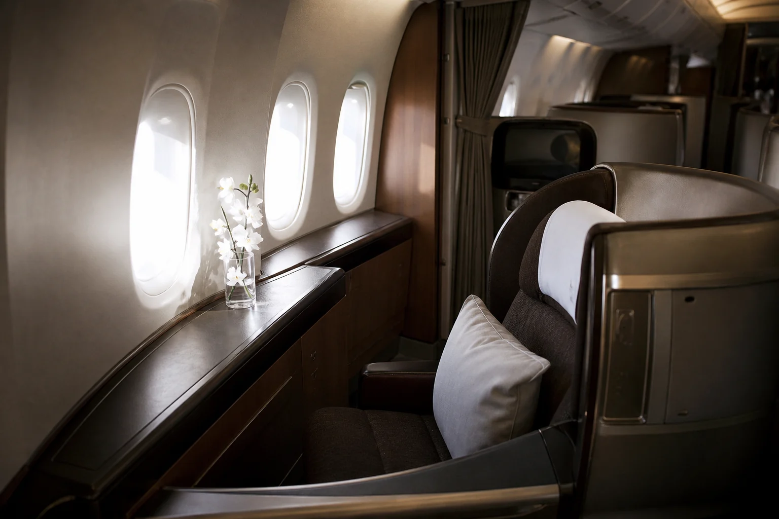 Historical Cathay Pacific First Class cabin aboard a Boeing 747-400