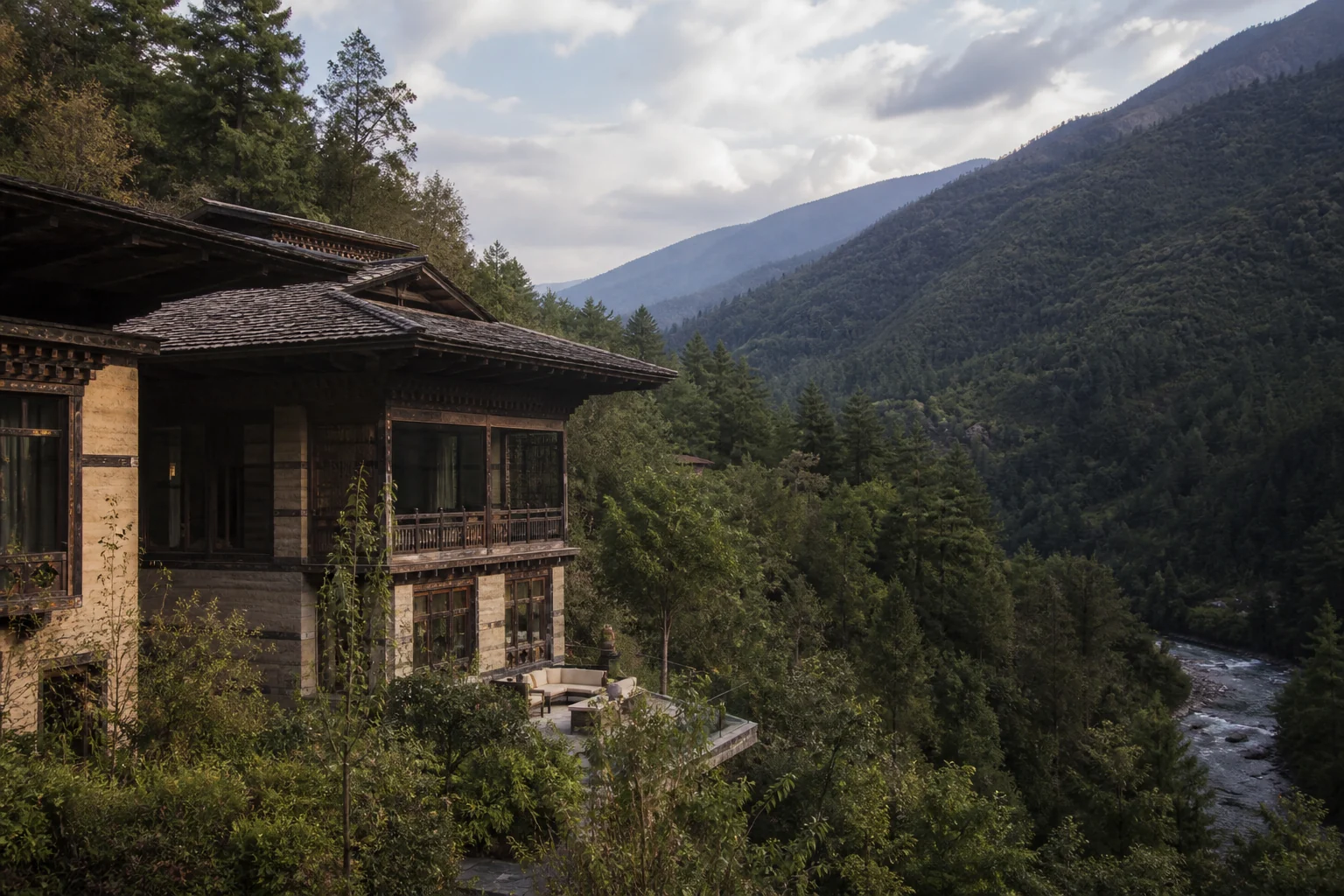 Lodge haut de gamme fictif dans une vallée boisée du Bhoutan
