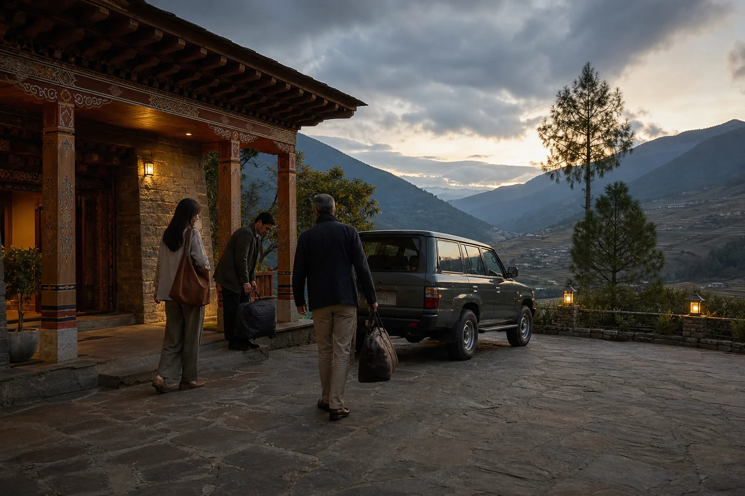 Arrivée avant la nuit dans un lodge fictif au Bhoutan