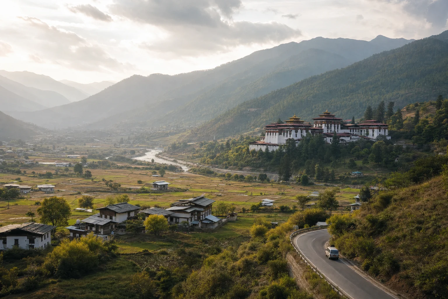 Approche de la vallée de Paro avec dzong, champs et rivière