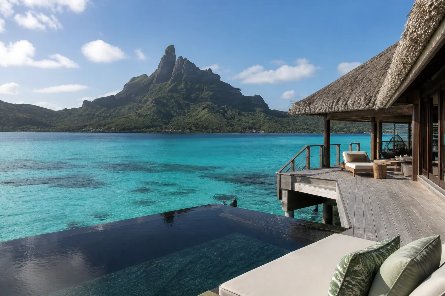 Villa sur pilotis fictive face au mont Otemanu à Bora Bora