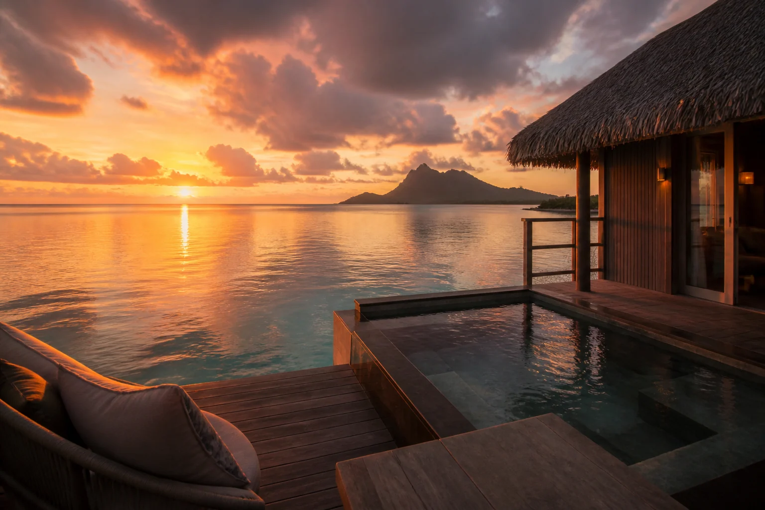 Villa sur pilotis fictive avec piscine orientée vers le coucher du soleil