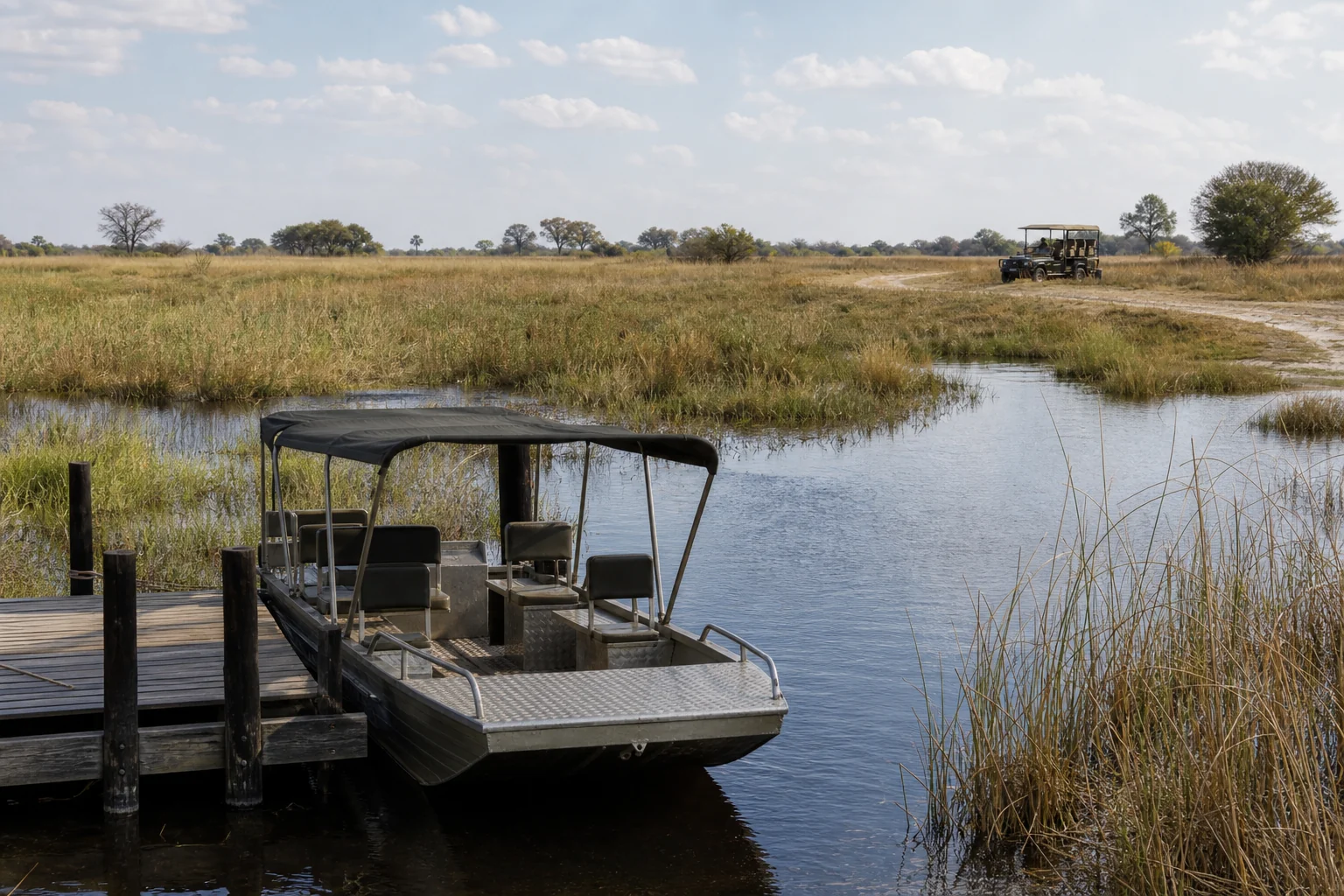 Boat and safari vehicle between channel and dry land in the Okavango