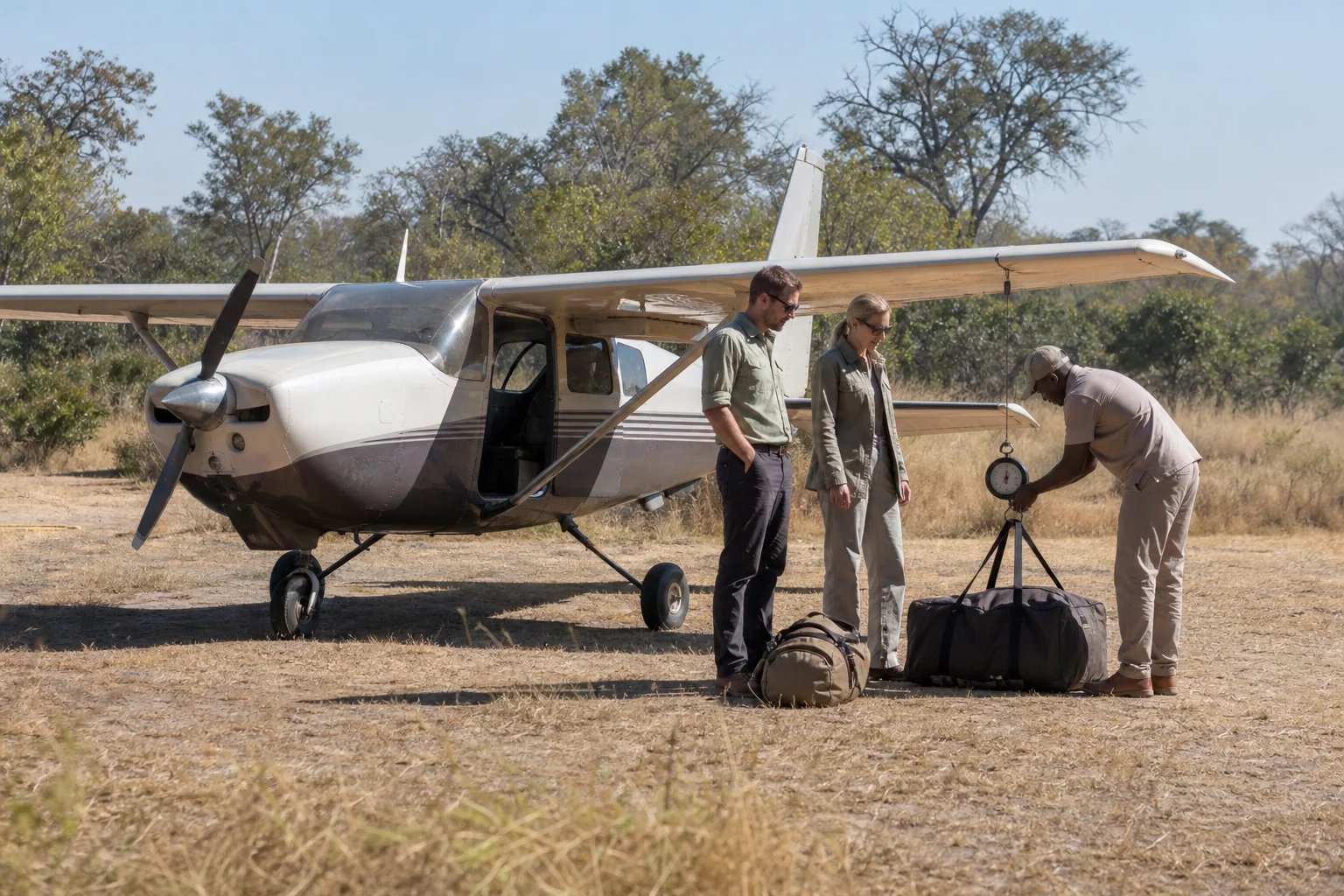Luggage weighing beside a light aircraft at a Botswana bush strip
