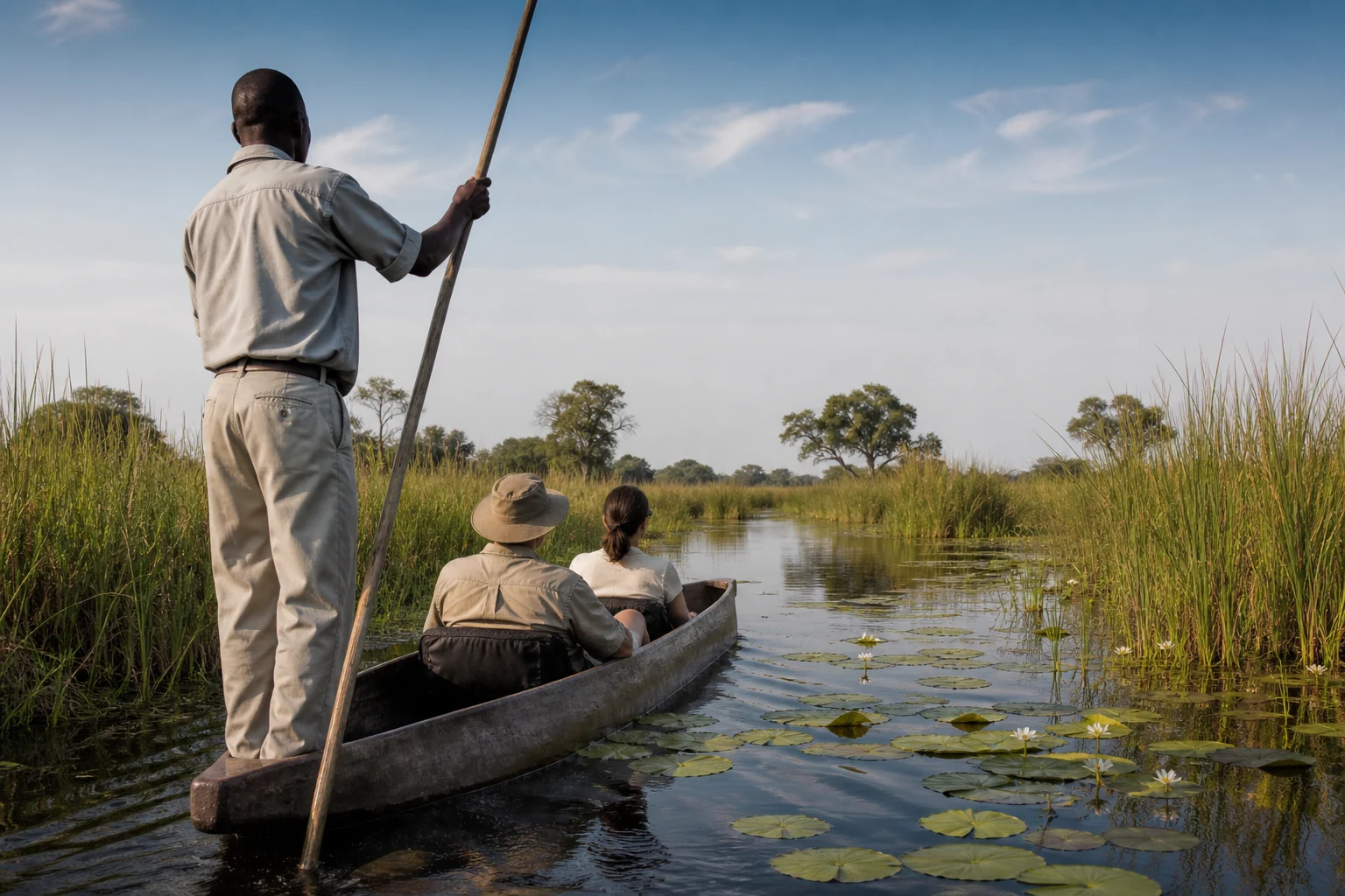 Guide and two guests in a mokoro on a quiet Okavango channel