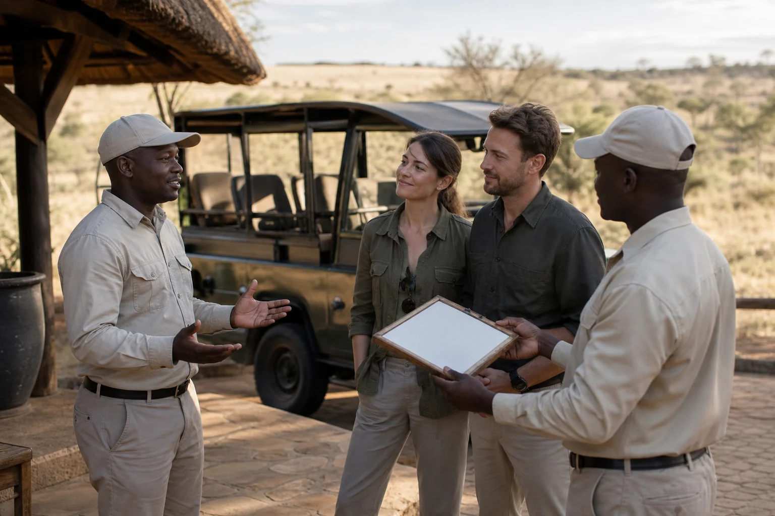 Guide-Übergabe und Orientierung bei der Ankunft in einem neuen Safari-Camp