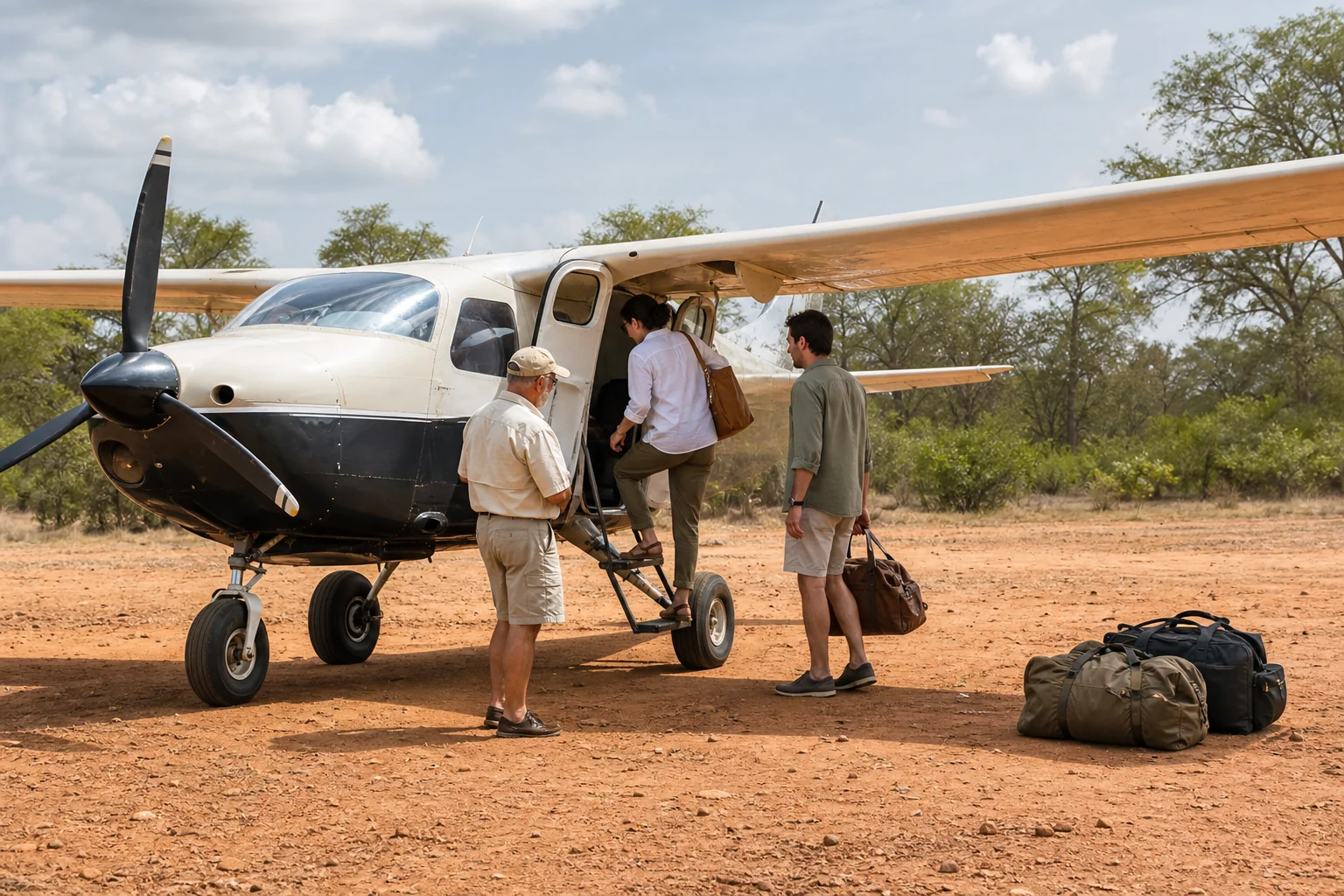 Sicheres Boarding eines Kleinflugzeugs auf einer afrikanischen Buschpiste