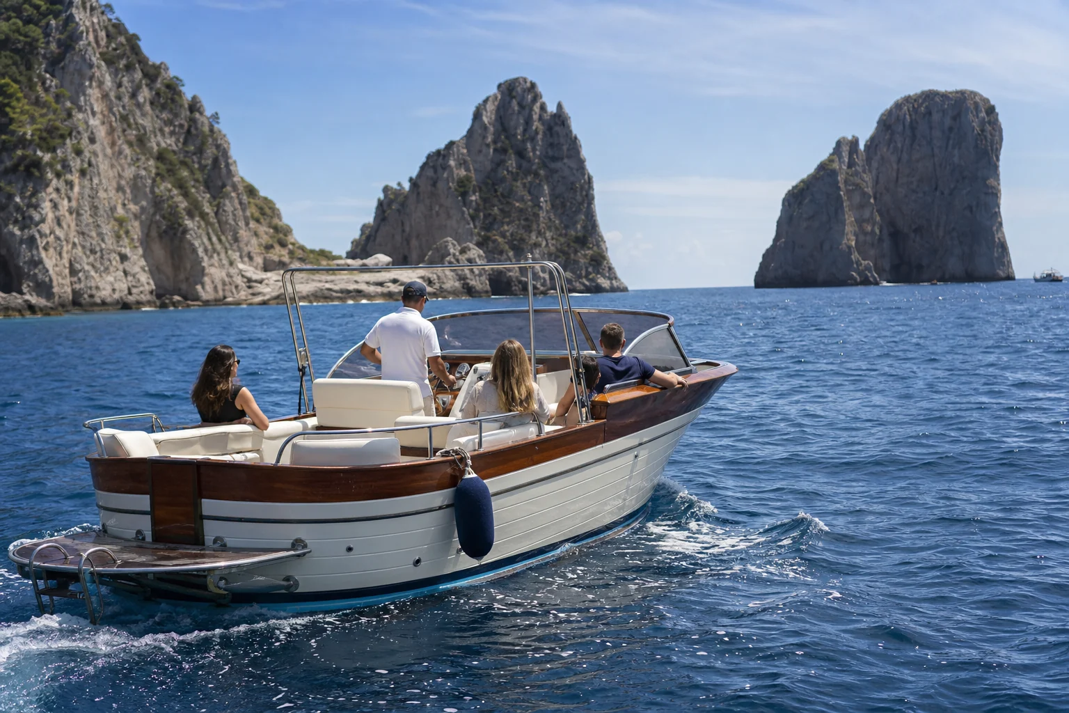 Unbranded motorboat on an island circuit near the Faraglioni