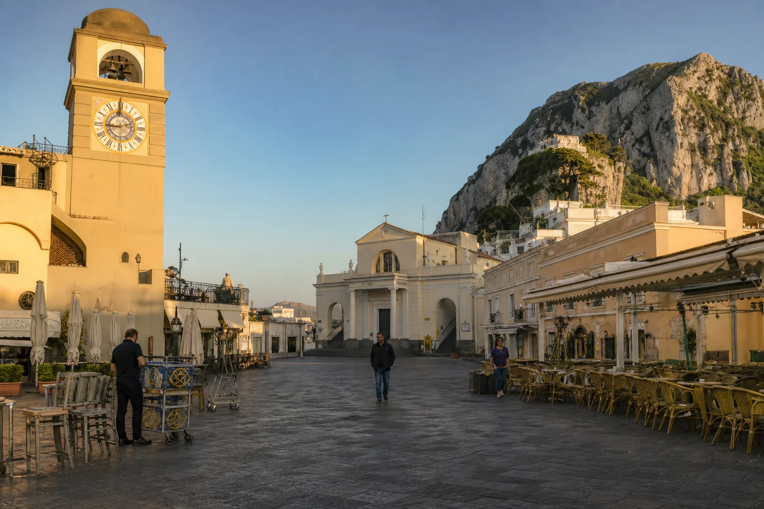 Capri's Piazzetta during early-morning preparations