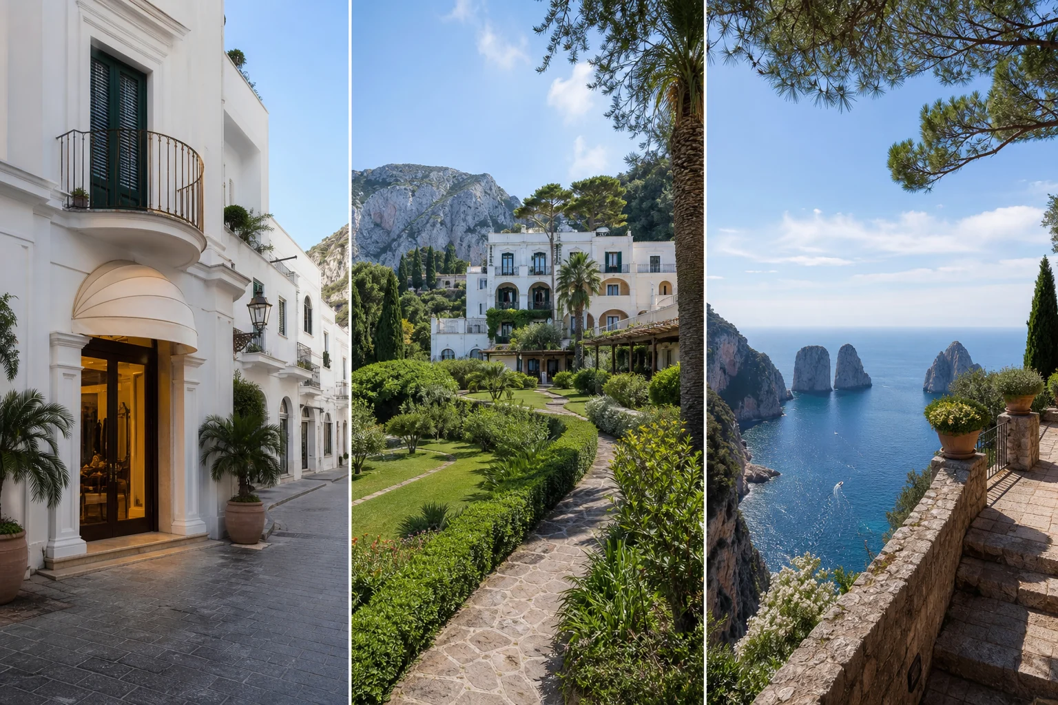 Conceptual comparison of Capri town, Anacapri and Tragara hotel settings
