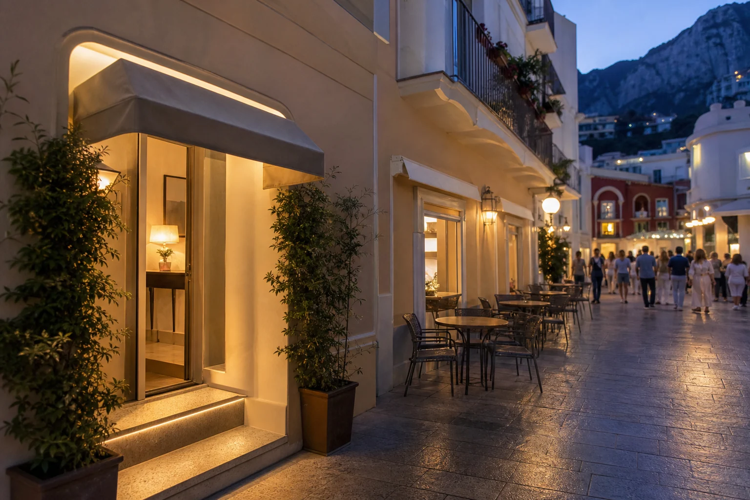Fictional small town hotel in central Capri in the evening