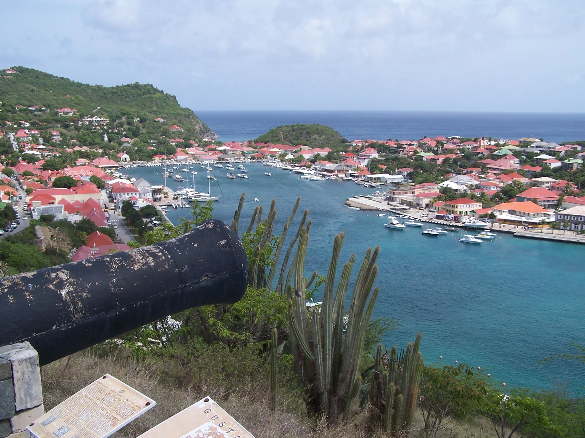 Gustavia harbour on Saint Barthélemy with boats and dense hillside development