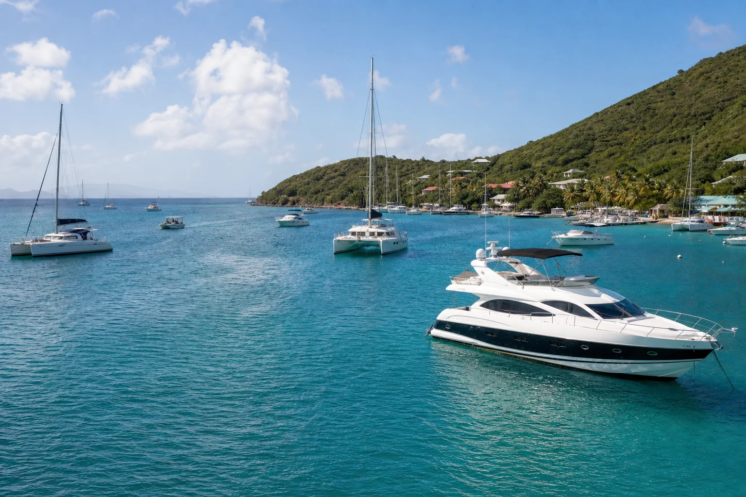 Sailing and motor yachts in Great Harbour on Jost Van Dyke in the BVI