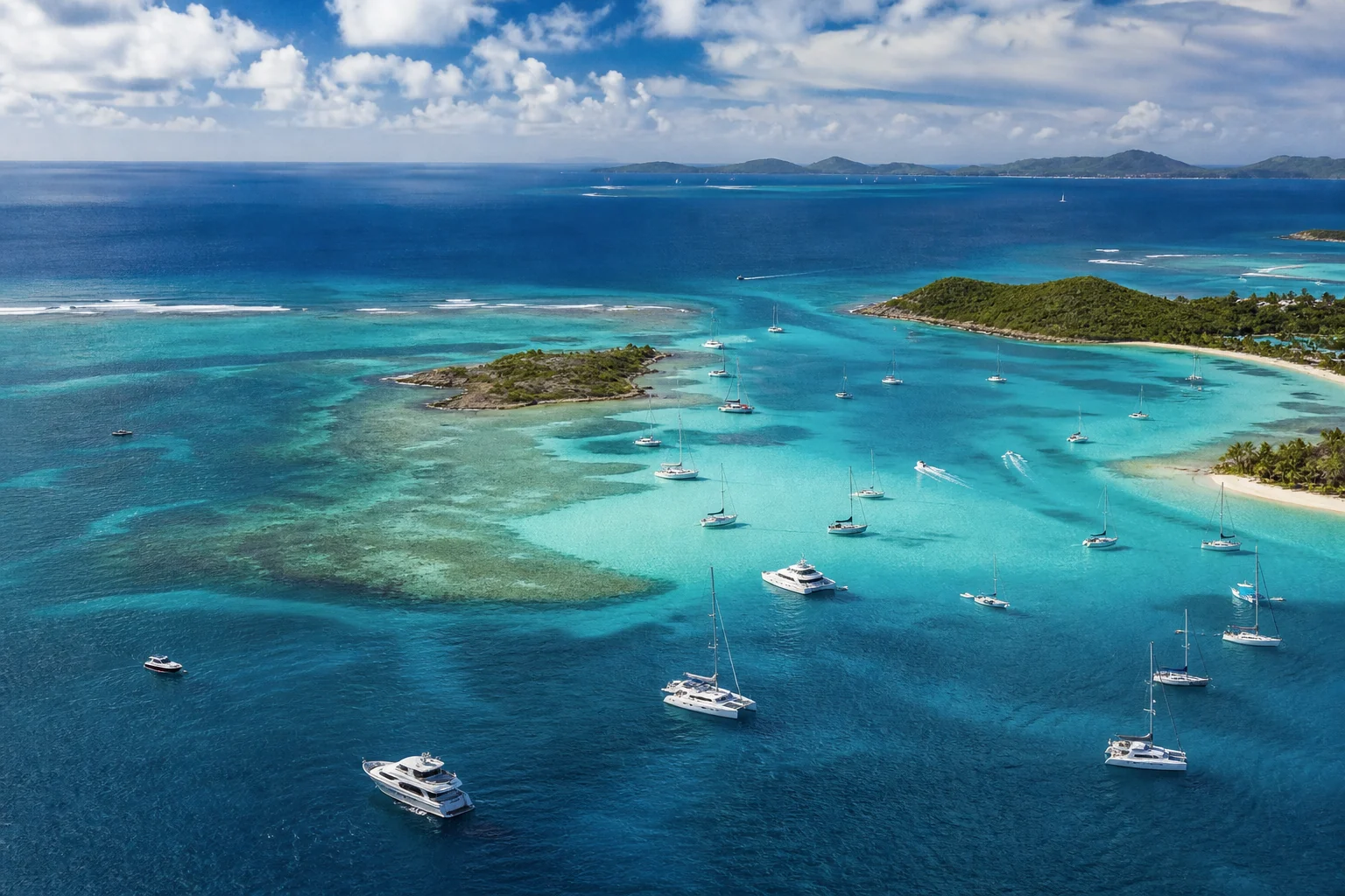 Aerial view of the Tobago Cays with numerous yachts