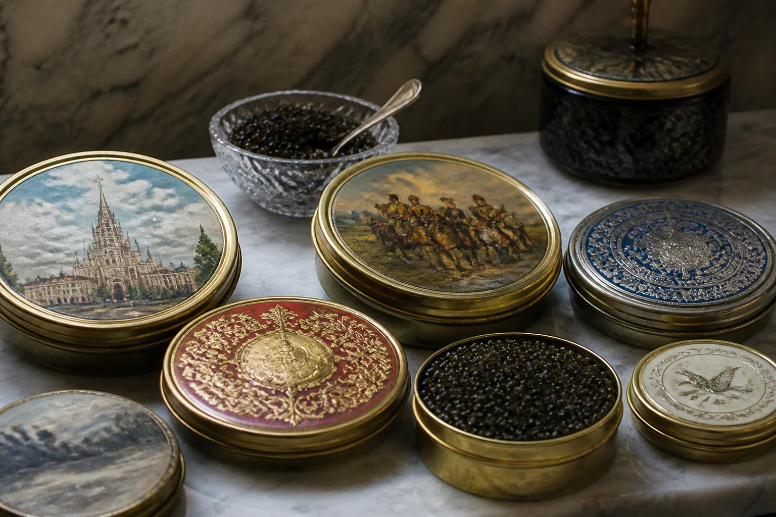 Historical selection of Russian and Iranian caviar tins with different lids