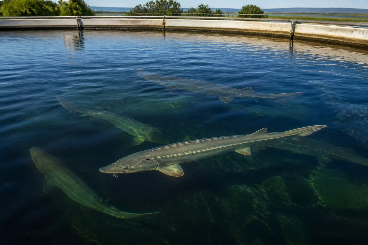 White sturgeon in an aquaculture pond at a California caviar farm