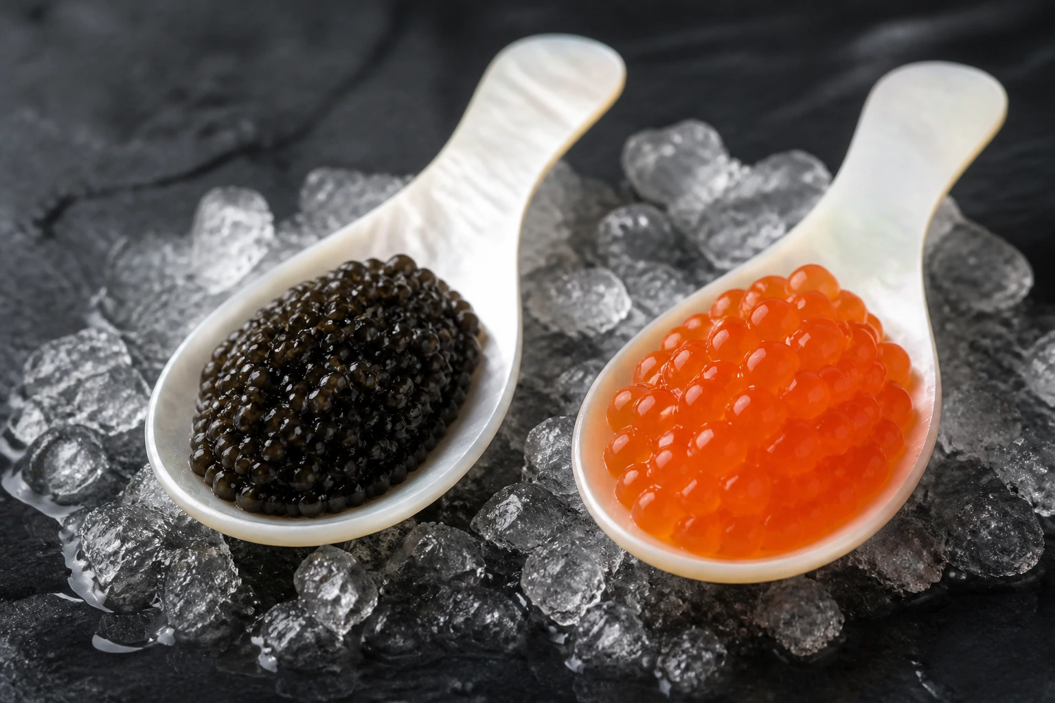 Mother-of-pearl spoons with dark sturgeon caviar and orange salmon roe