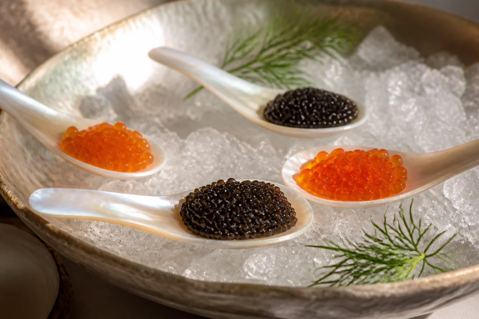 Mother-of-pearl spoons with dark sturgeon caviar and orange salmon roe