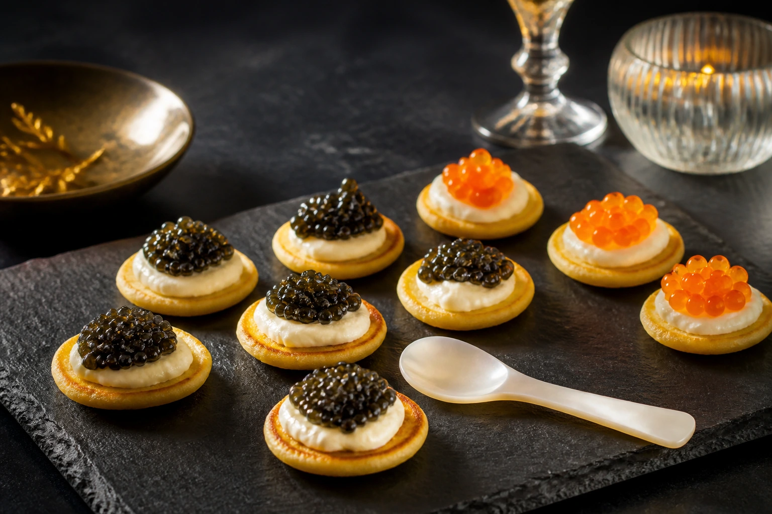 Mini blini with crème fraîche, dark caviar and orange roe