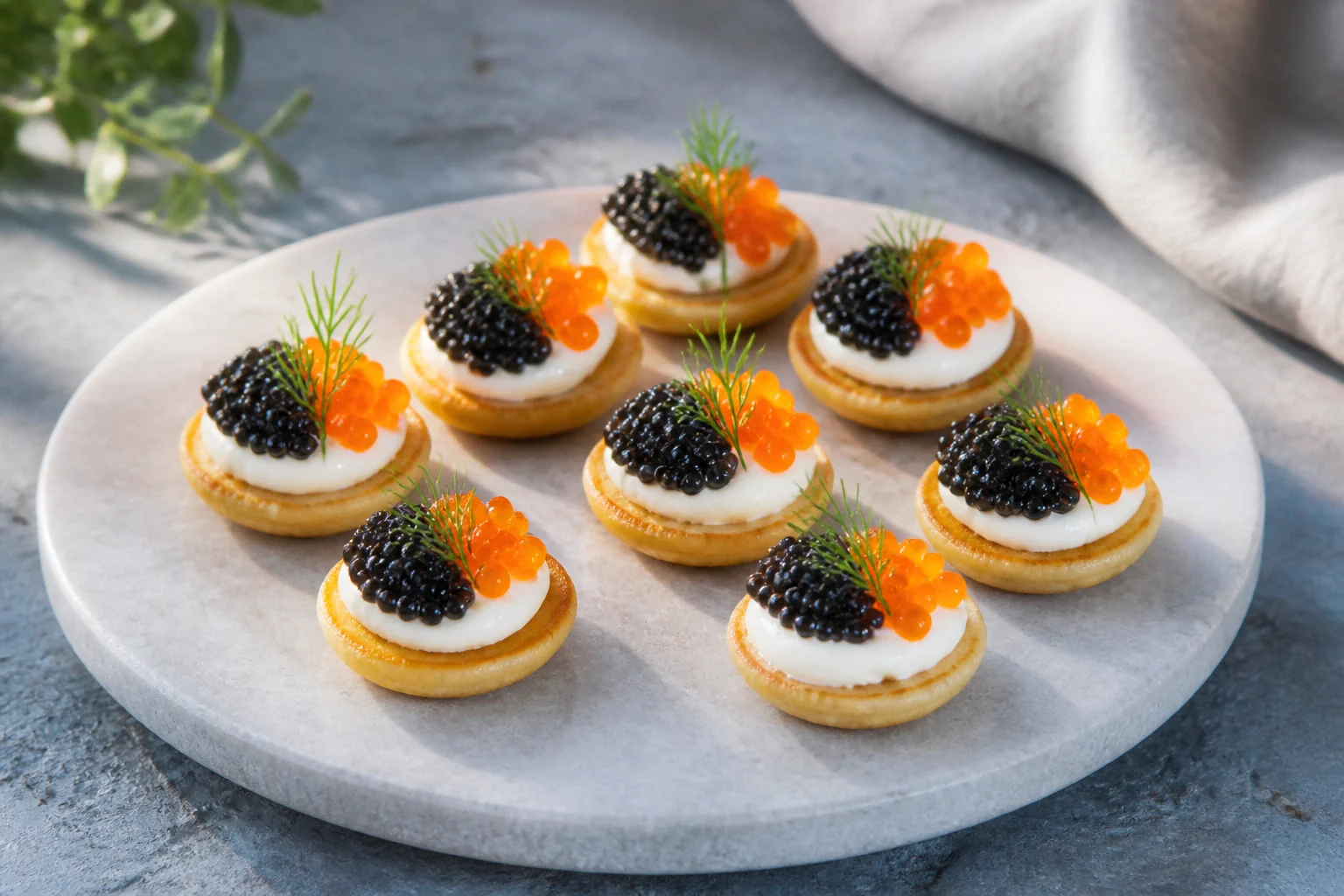 Mini blini with crème fraîche, dark caviar and orange roe