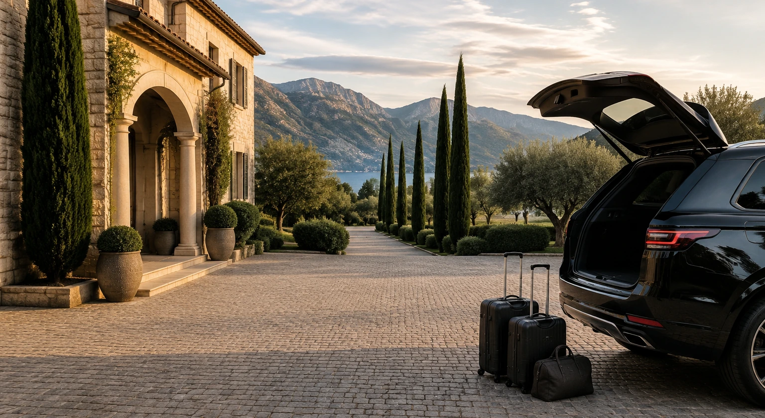 Photorealistic illustration for compare villa service chef host butler security: setting and arrival