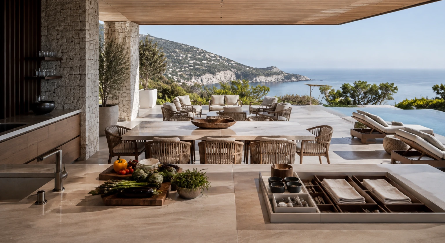 Photorealistic illustration for compare villa service chef host butler security: signature experience