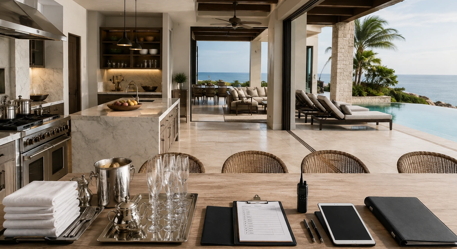 Photorealistic illustration for compare villa service chef host butler security: logistics and service