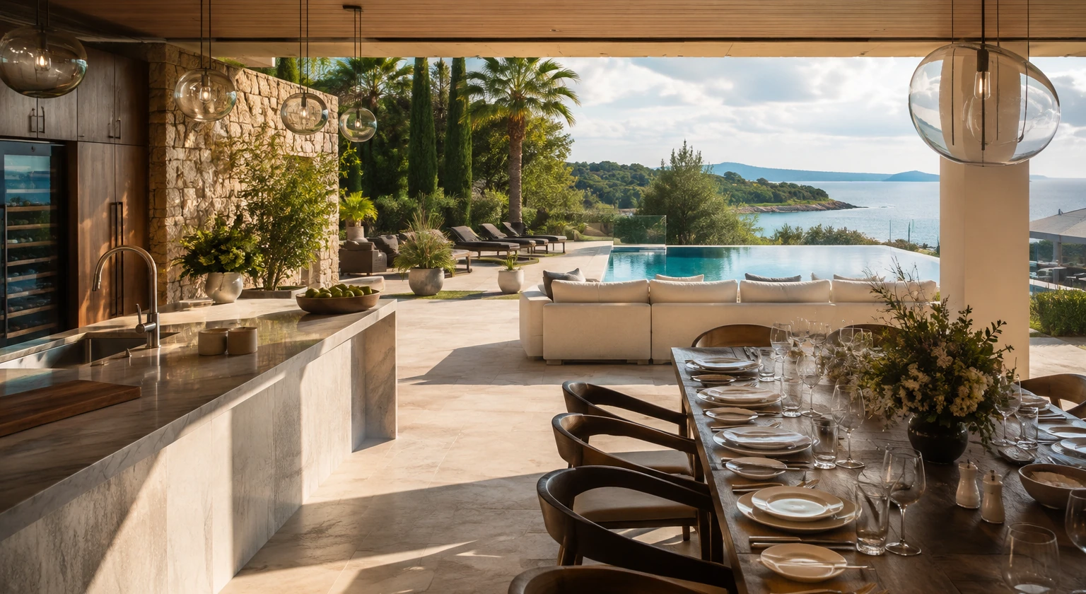 Photorealistic illustration for compare villa service chef host butler security: reality-check detail