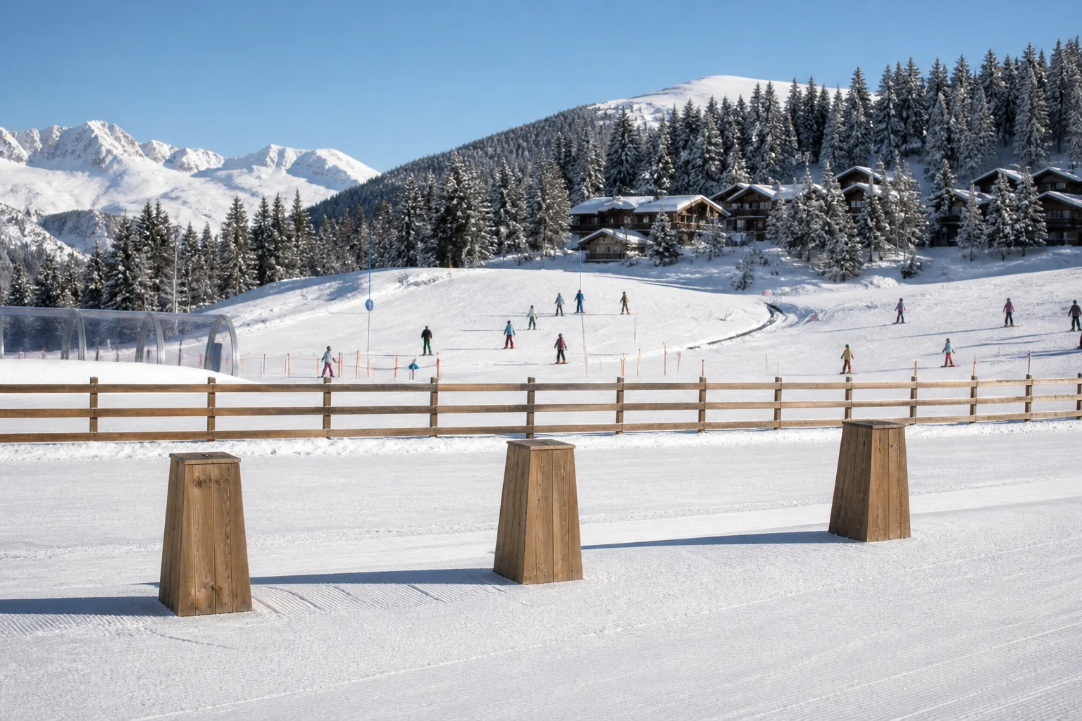 Fictional ski-school meeting point with neutral wooden markers