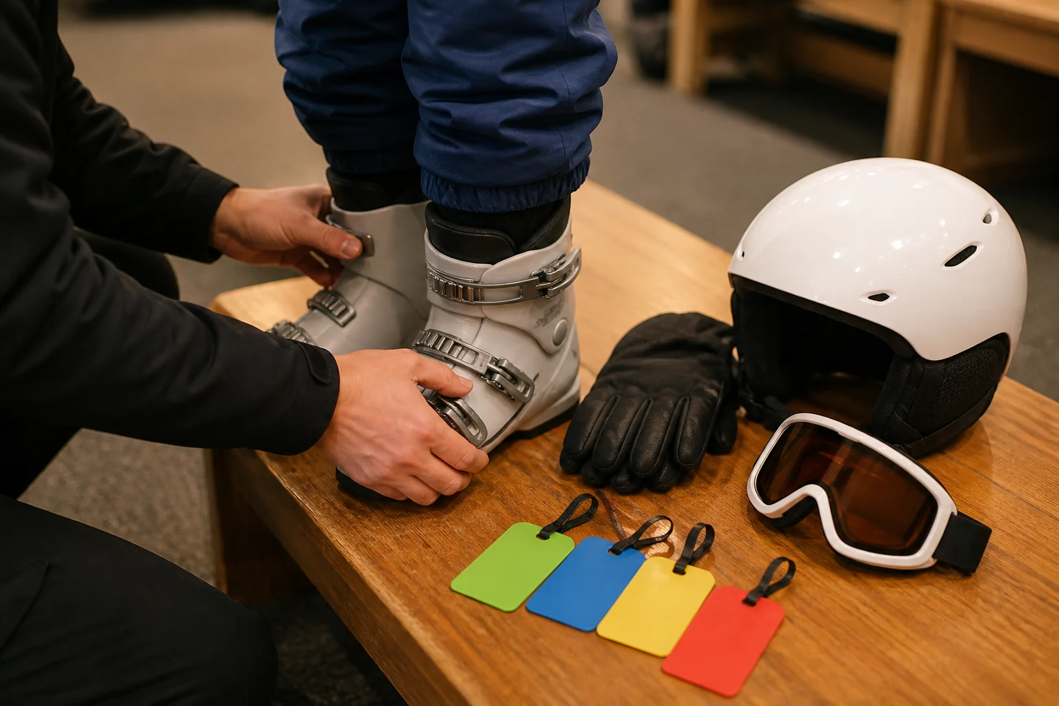 Anonymous fitting of plain children’s ski boots with blank luggage tags