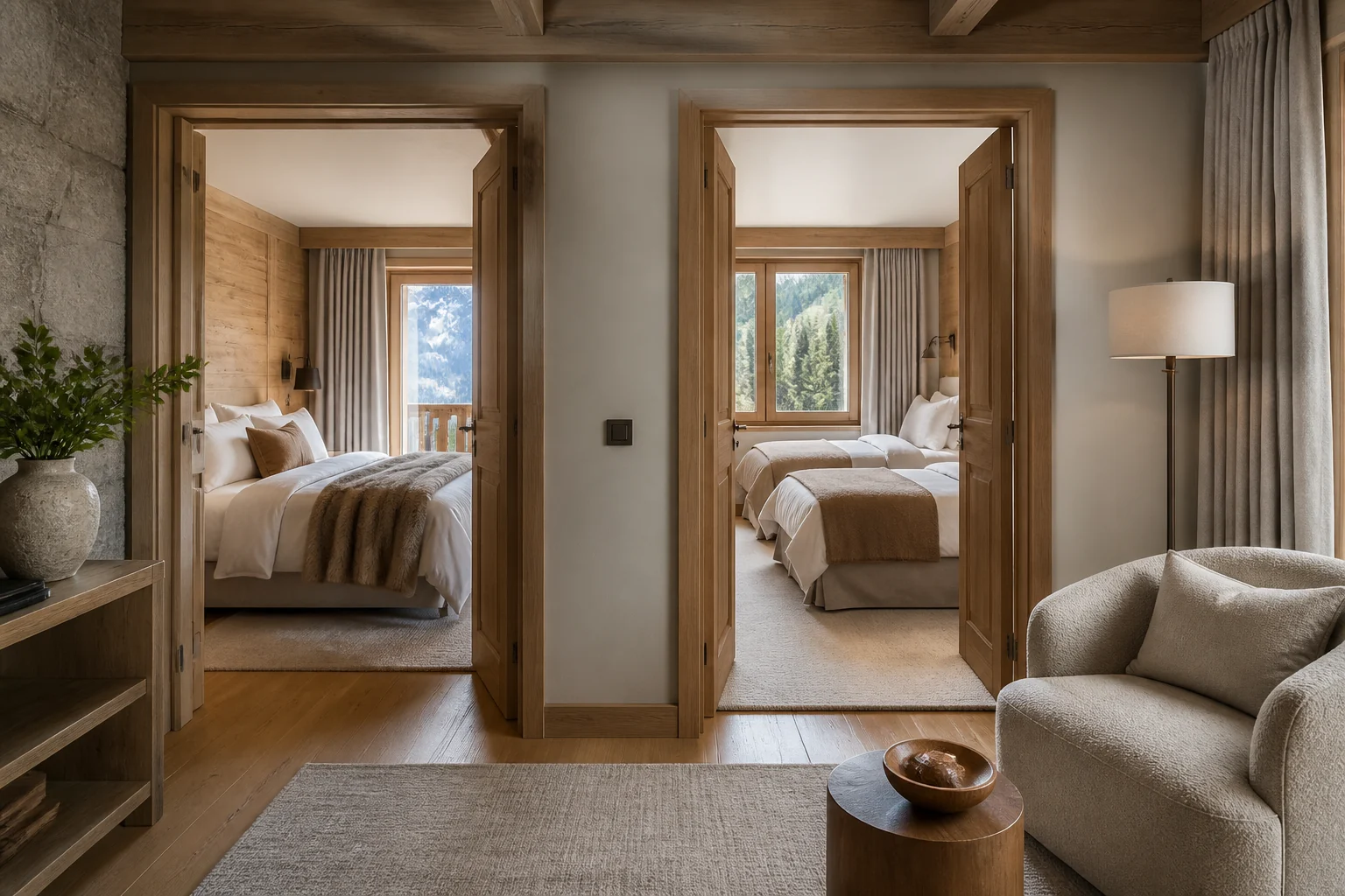 Fictional Alpine family accommodation with two connected bedrooms