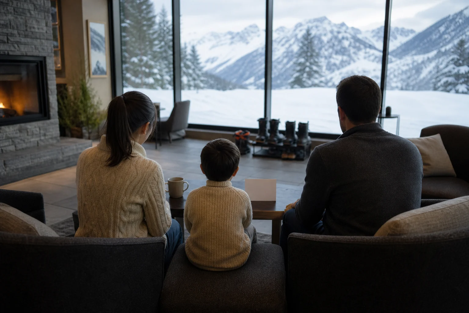 Anonymous family calmly replanning in a fictional Alpine lounge