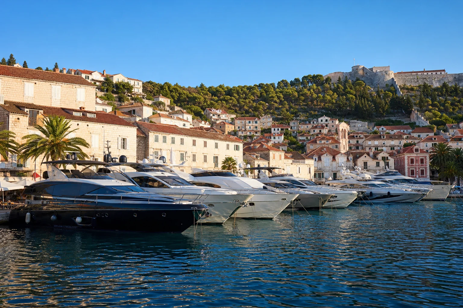 Several motor yachts alongside the town quay in Hvar harbour, Croatia
