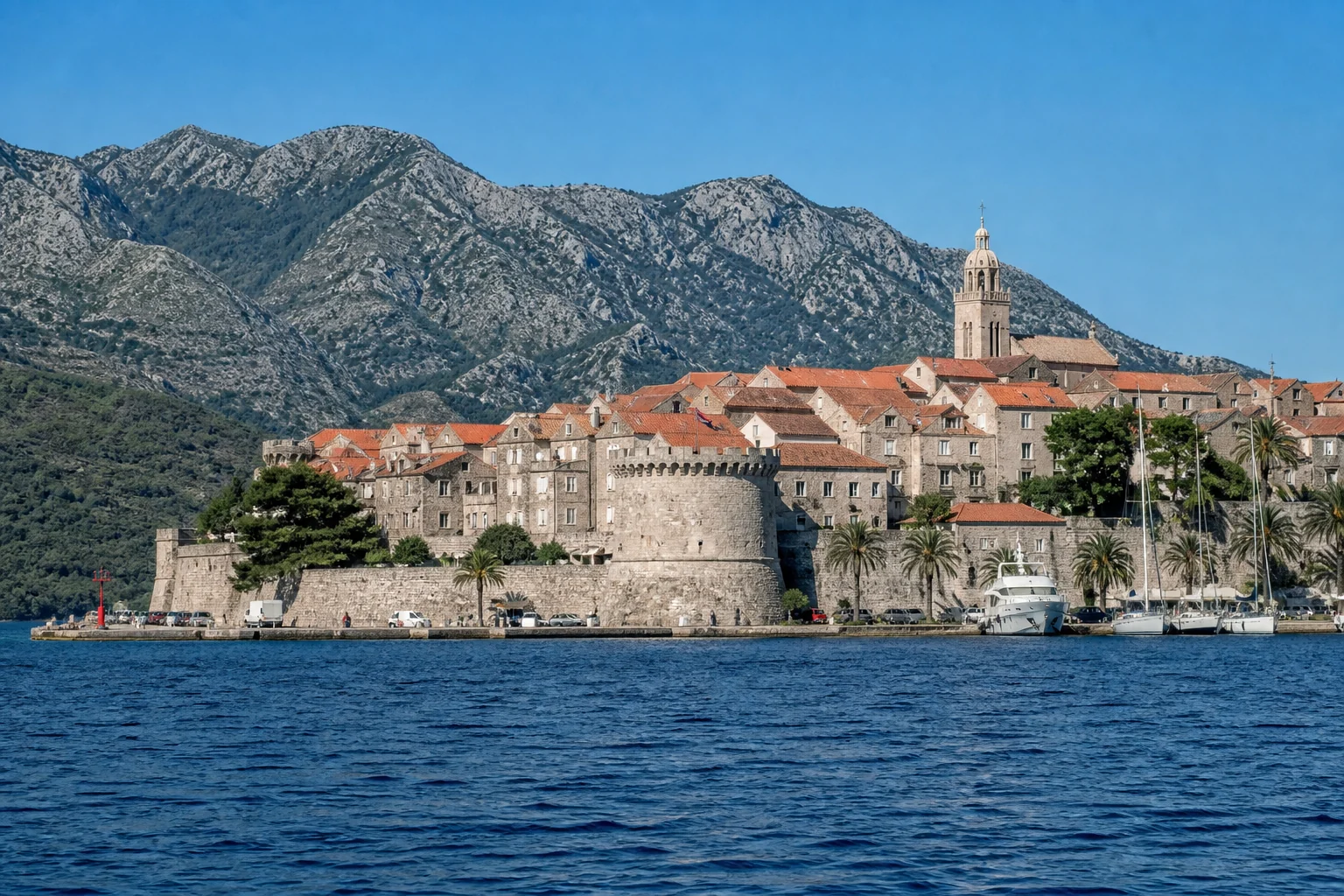 Korčula historic old town and harbour seen from the water