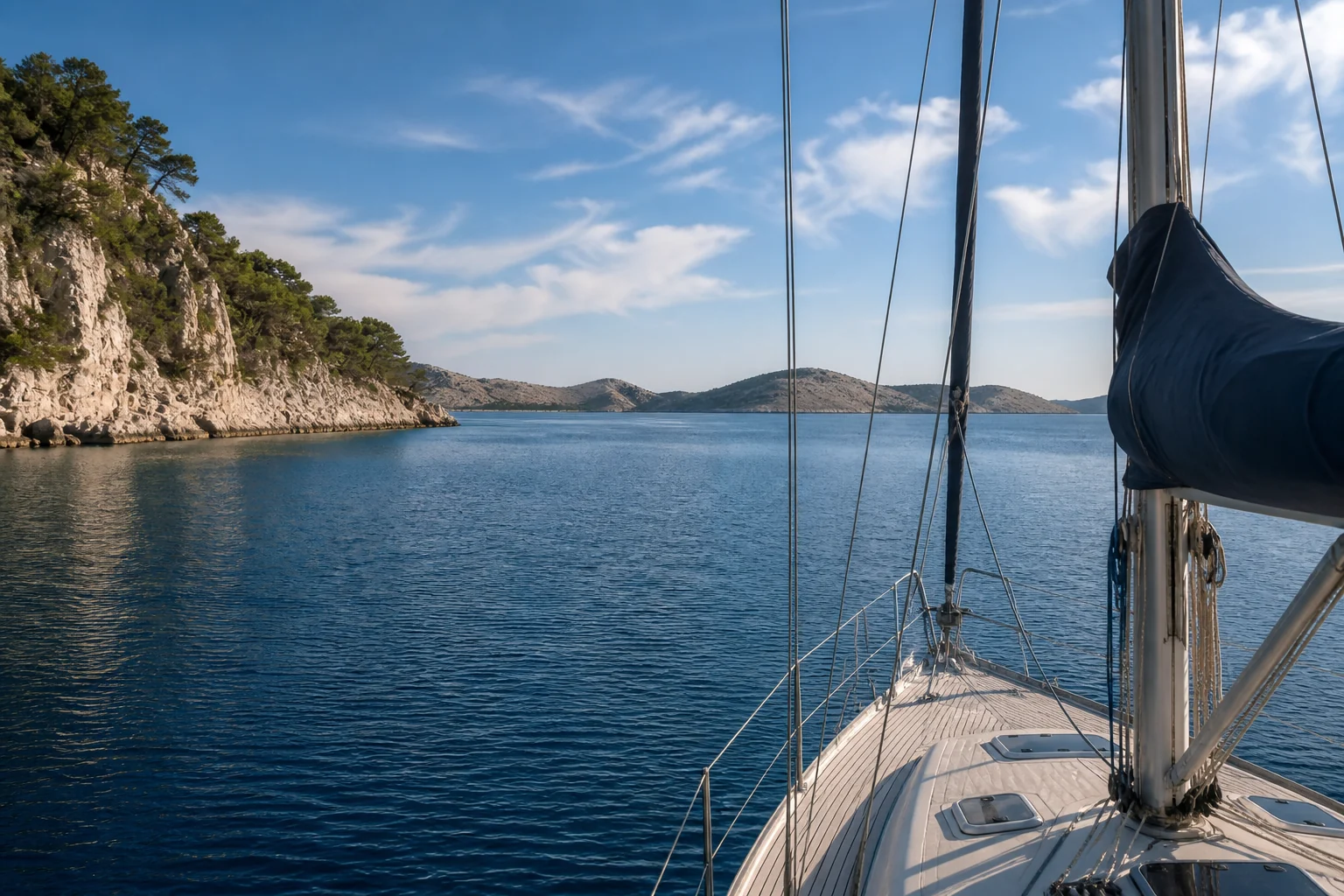 Sailboat in Telašćica Bay sailing towards the Kornati islands