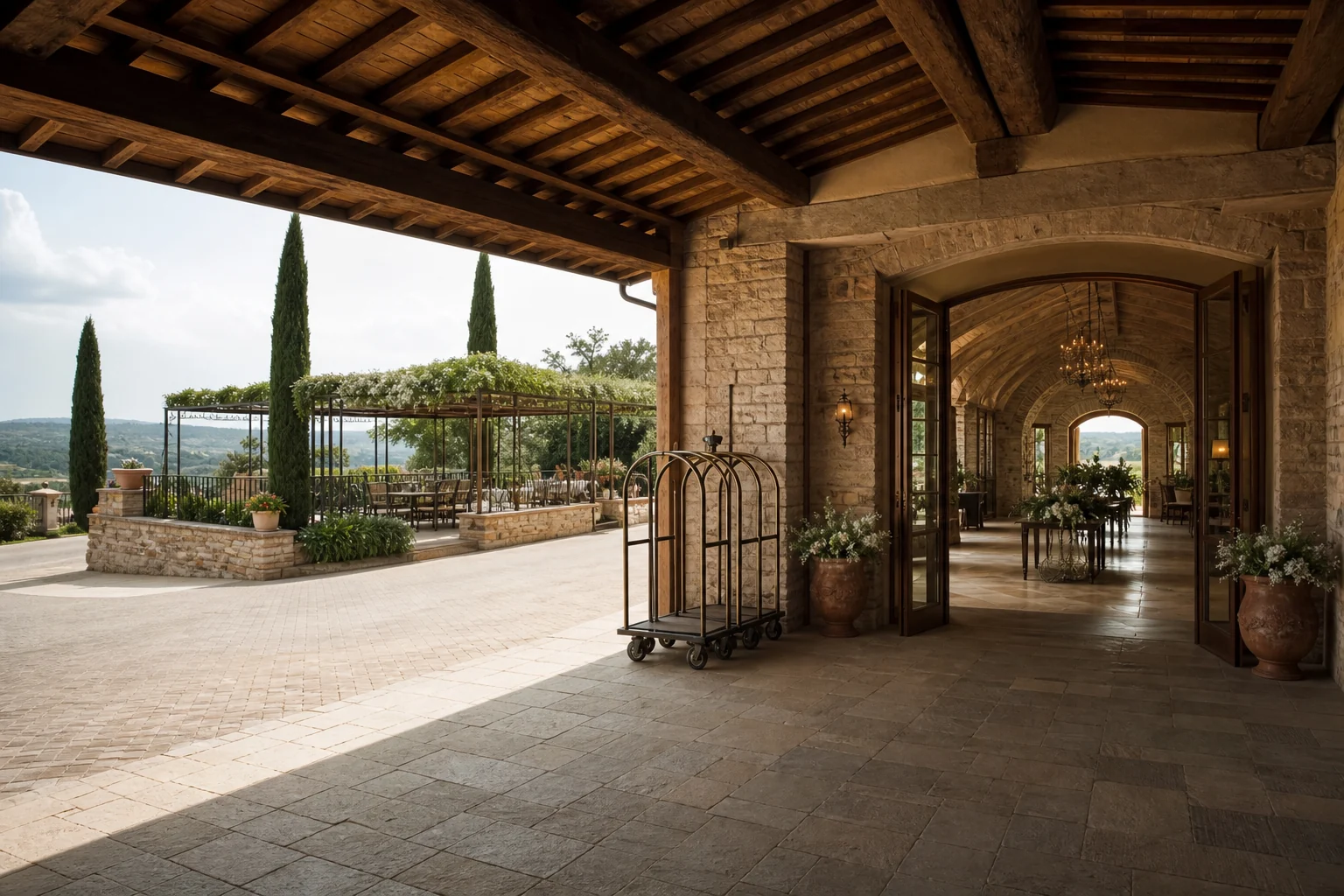 Fictional Tuscan wedding estate with equivalent indoor and outdoor plans