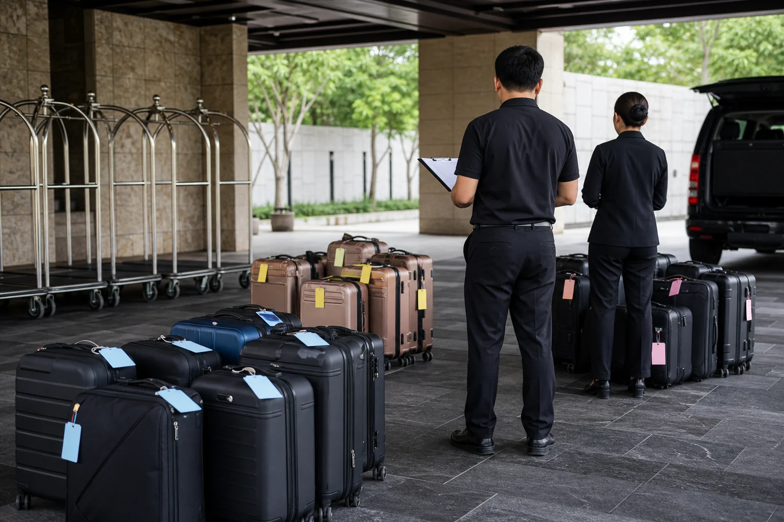 Fictional privacy-conscious luggage and transfer dispatch using colour zones