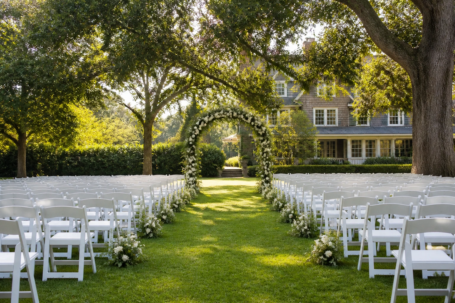 Cérémonie de jardin vide avec chaises blanches et allée en gazon