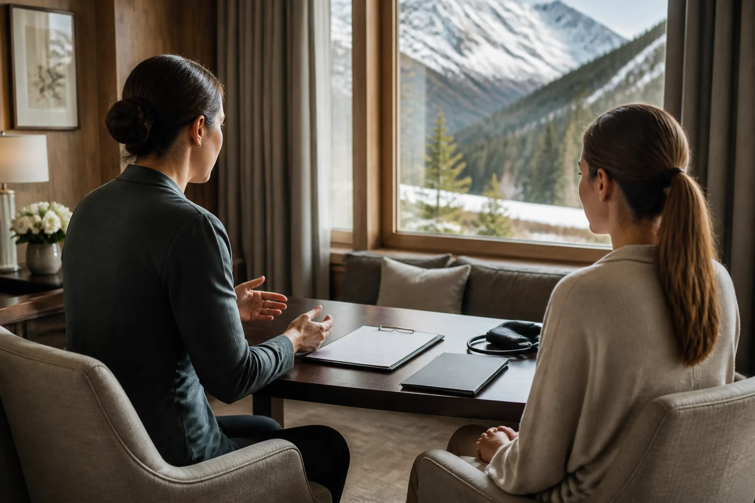 Fictional confidential screening conversation at an Alpine retreat