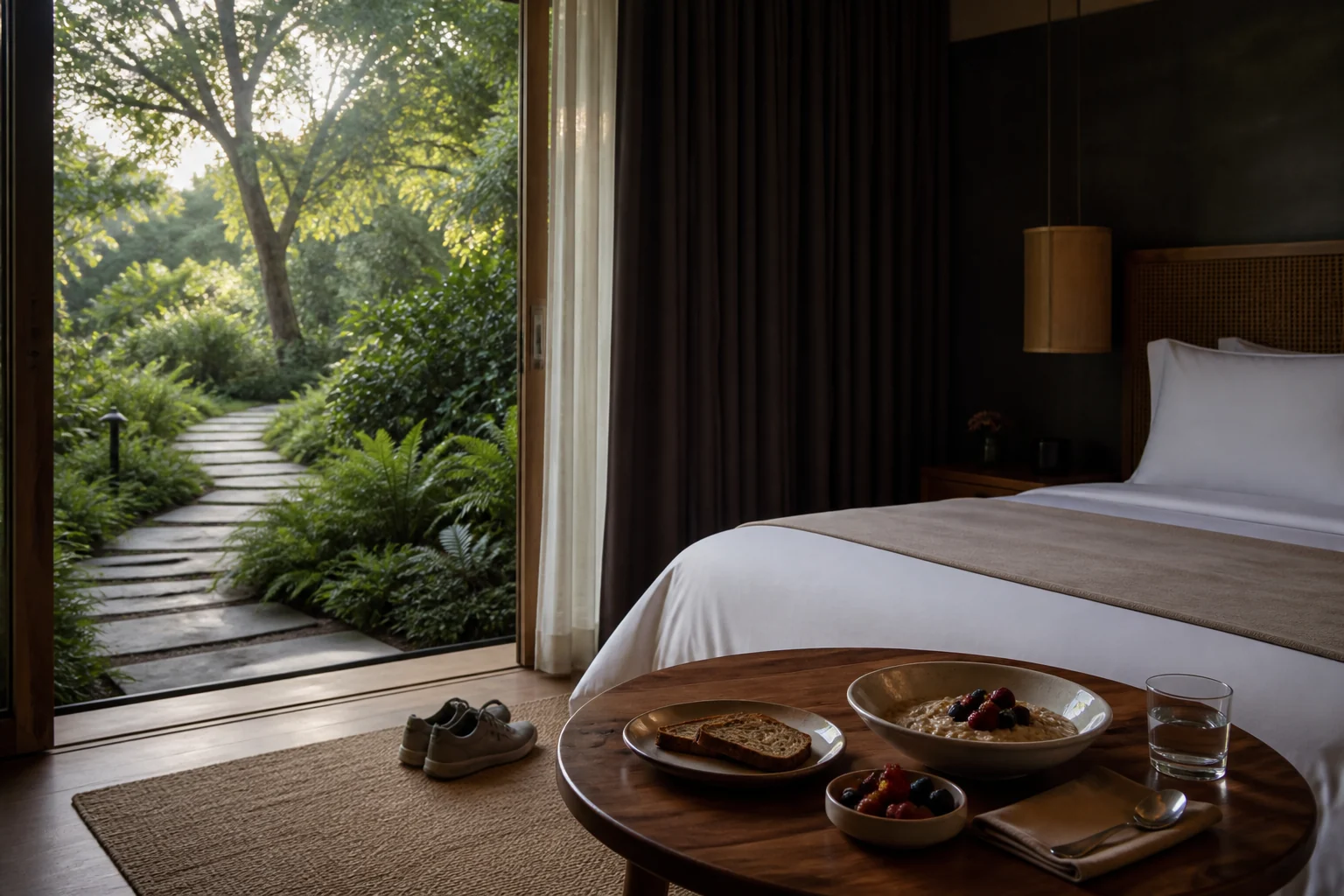 Fictional retreat suite with sleep setting, balanced breakfast and garden path